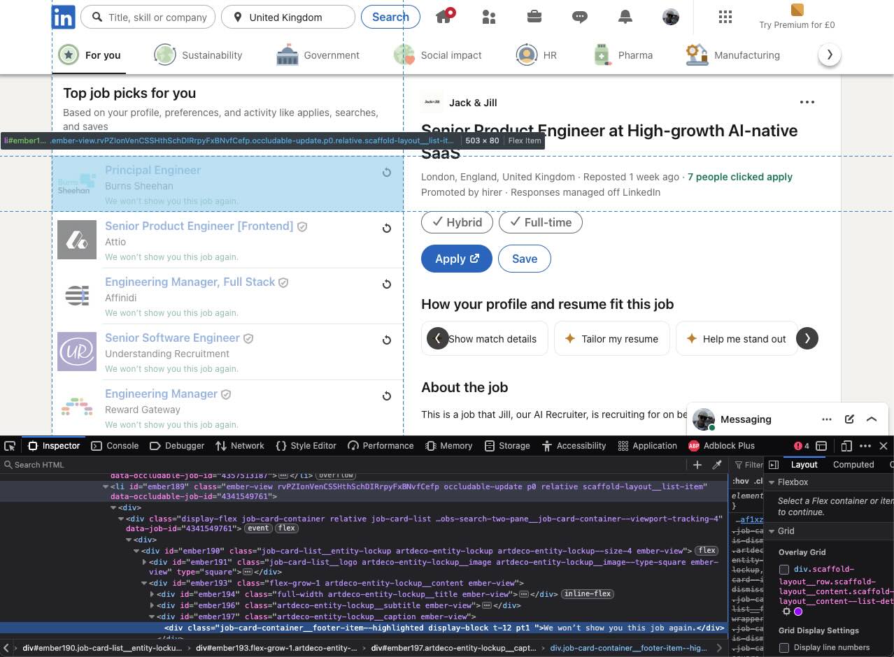 Web page with inspect element open